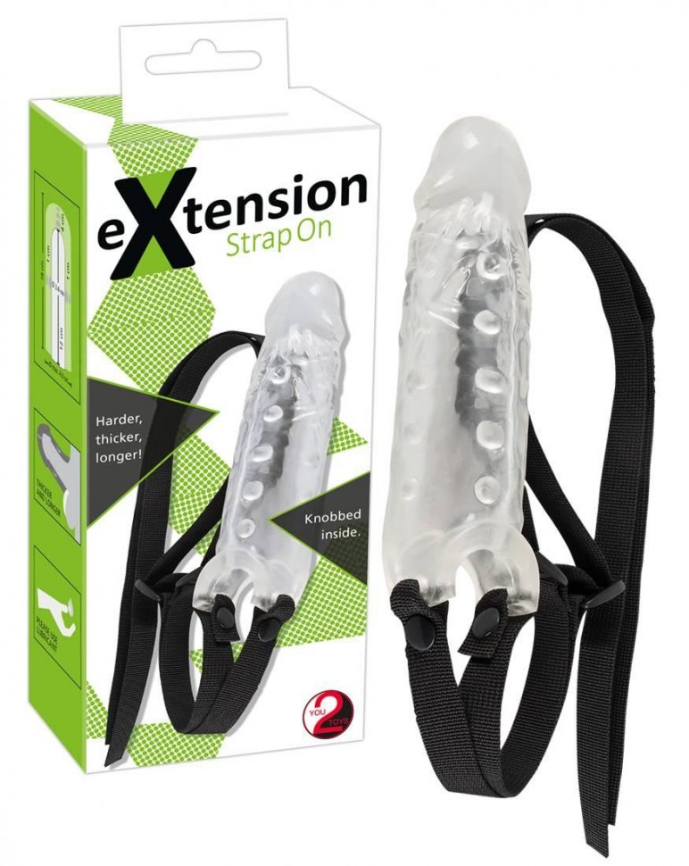 Увеличивающая насадка-страпон на пенис с ремешком EXTENSION, прозрачная, 18(14)х5,4см