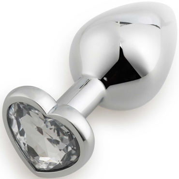  Анальная пробка RUNYU ANAL PLUG HEART серебряная, с прозрачным кристаллом-Сердечко, 8,5х3,3 см   