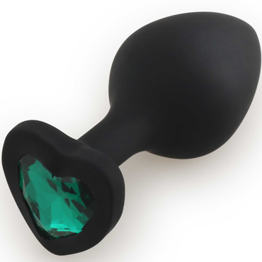  Анальная средняя пробка СЕРДЕЧКО  RUNYU SILICONE Butt Plug HEART, черная с зеленым стразом, 8х3,5 см