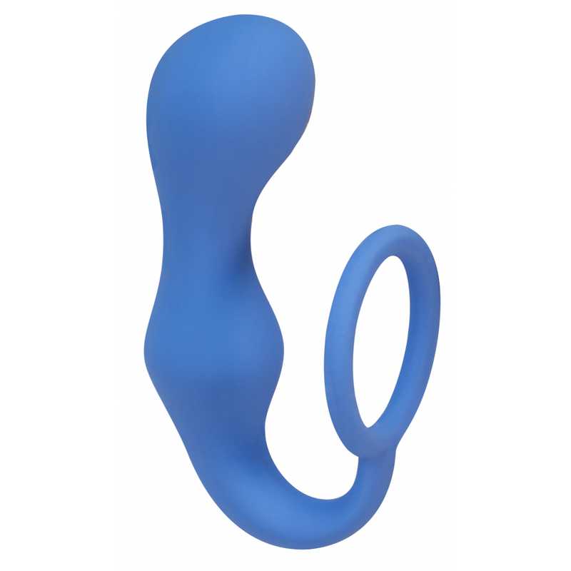 АКЦИЯ 25%!Анальная пробка с рукояткой - эрекционным кольцом DOUBLE PLEASURE ANAL PLUG BLUE, силикон, синее, 18(10,5)х3,3 см 