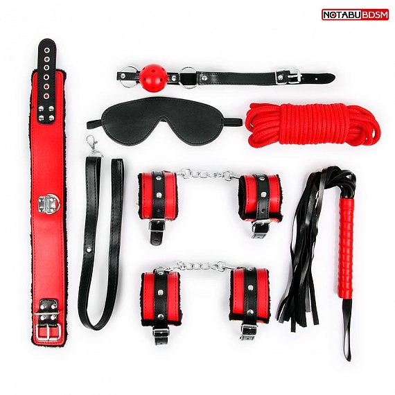 Красно-черный набор БДСМ: маска, кляп, верёвка, плётка, ошейник, наручники, оковы, эко-кожа