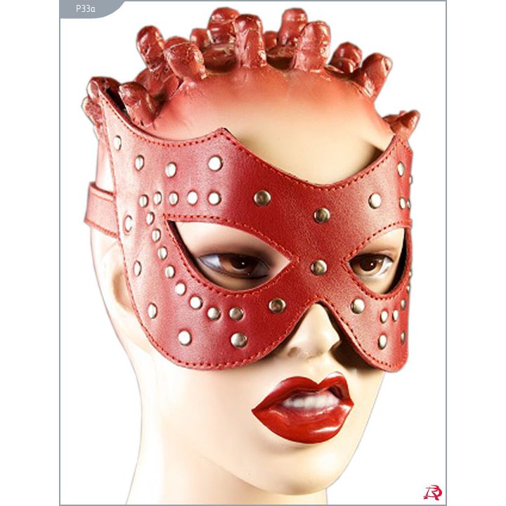 Изысканная БДСМ маска из натуральной кожи с заклепками, ручная работа,  цвет красный 