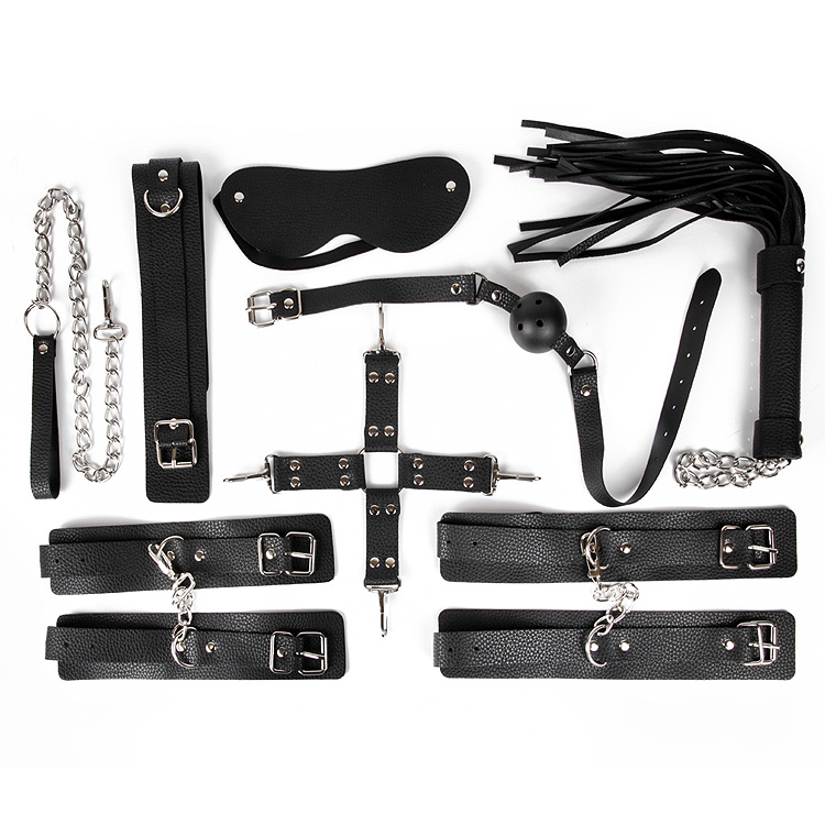 Набор: наручники, оковы, ошейник с поводком, кляп, маска, плеть, фиксатор,  цвет - черный