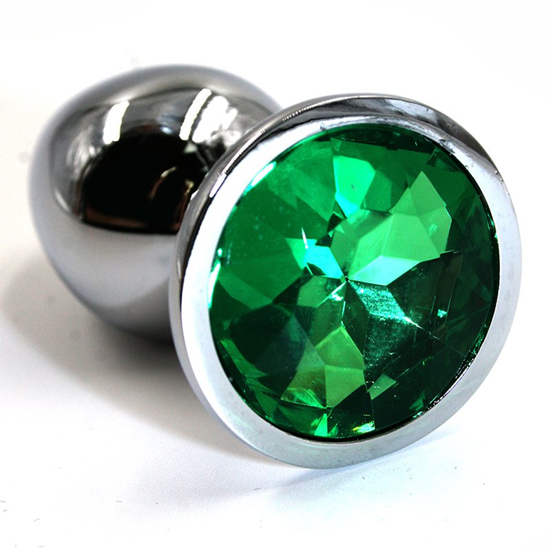 Облегченная серебряная анальная пробка с темно-зеленым кристаллом (Small), 6х2,8 см