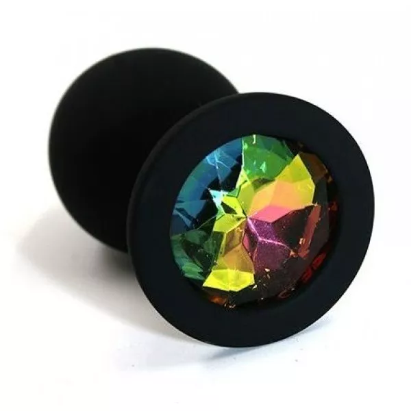 Анальная пробка RAINBOW черная с радужным кристаллом, силикон, 7х3,5 см