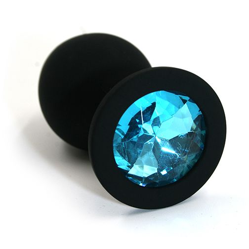 Анальная пробка средняя черная, с нежно-голубым кристаллом, 8х3,5 см