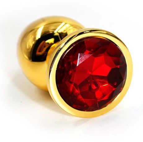Облегченная золотая анальная пробка с ярко-красным кристаллом, Small, 6х2,8 см
