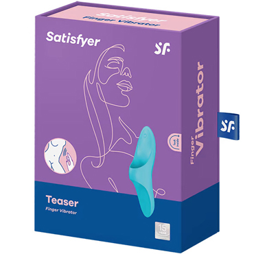 Перезаряжаемый клиторальный вибромассажер SATISFYER TEASER с креплением на палец, 12 режимов, силикон, голубой, 12 х 3,8 х 3,5 см