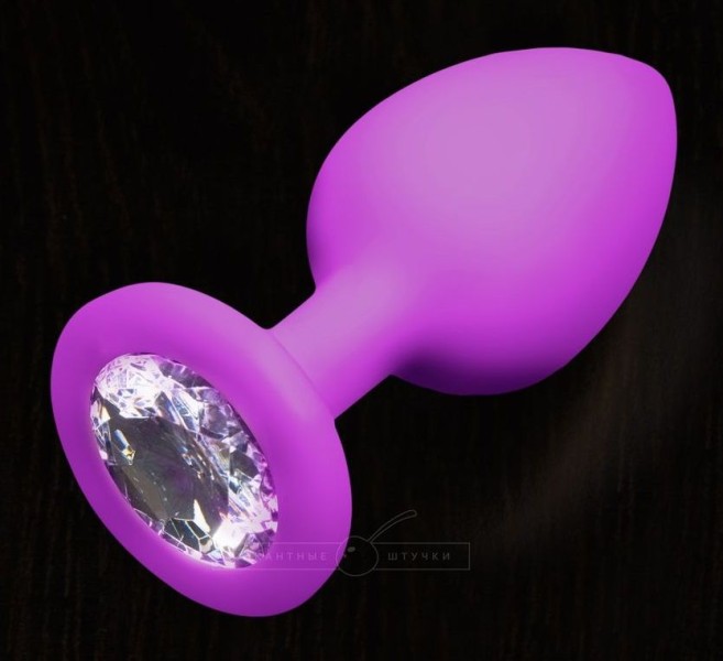 Анальная пробка малая, фиолетовая  с прозрачным кристаллом, силикон,  5.8 х 2.8 см