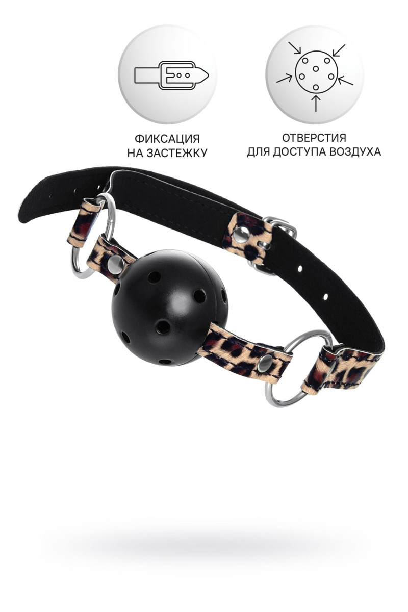  Черный кляп-шар ANONYMO на леопардовых ремешках, PU-кожа, пластик, черный,  64х4,5 см