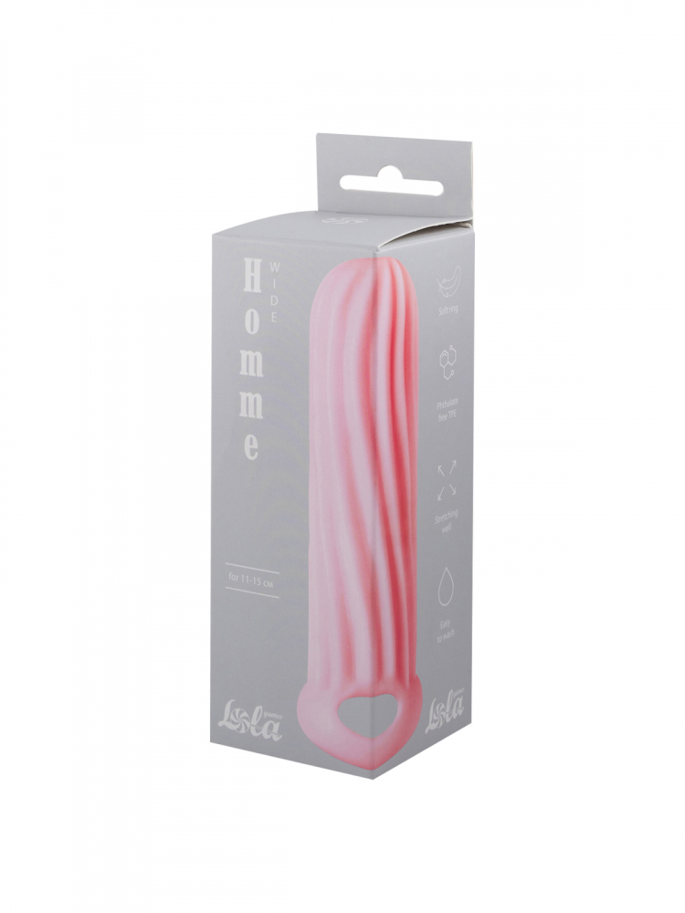 	АКЦИЯ 25%! Фаллоудлинитель (1,5 см) HOMME  WIDE PINK с внутренними и внешним рельефом, термопластичный эластомер, розовая,11-15 см