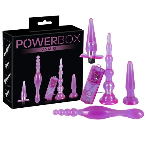 Набор анальных игрушек PowerBox 4 предмета: шарики с вибрацией, плаг, стимулятор-Елочка с вибрацией, двусторонний стимулятор, гелевый, фиолетовый  