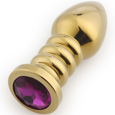 Анальная пробка крупная, с ребрышками, золотистая с  фиолетовым кристаллом, 10х3,8 см 