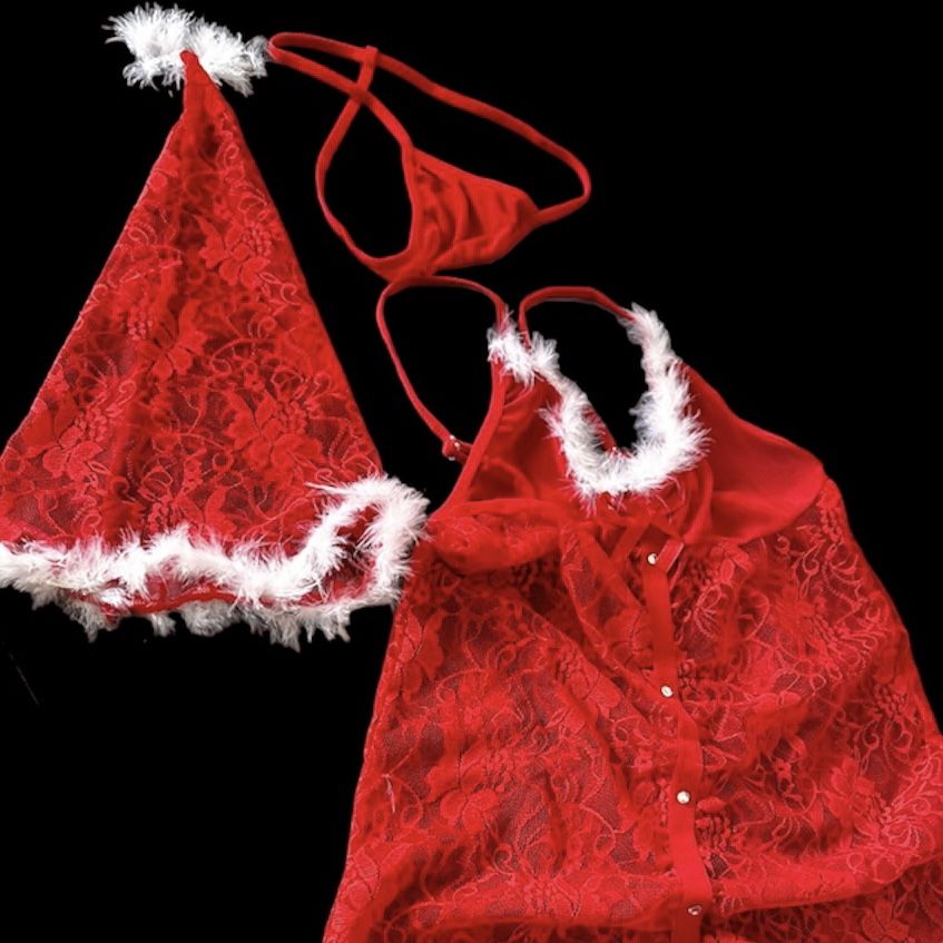 Кокетливая СНЕГУРОЧКА: платье-комбинация, колпачок, трусики, меховая отделка, красный/белый, разм.S/M