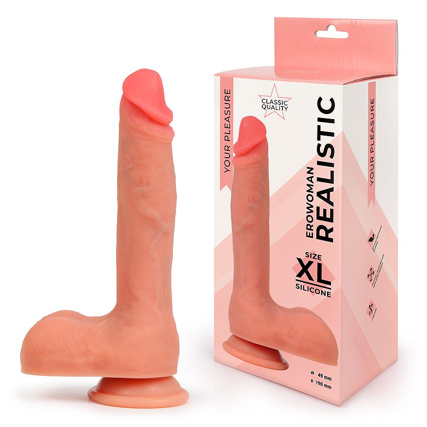 Фалоимитатор REALISTIC XXL, внушительная мошонка, присоска, силикон, телесный, 23(19)х4,9 см