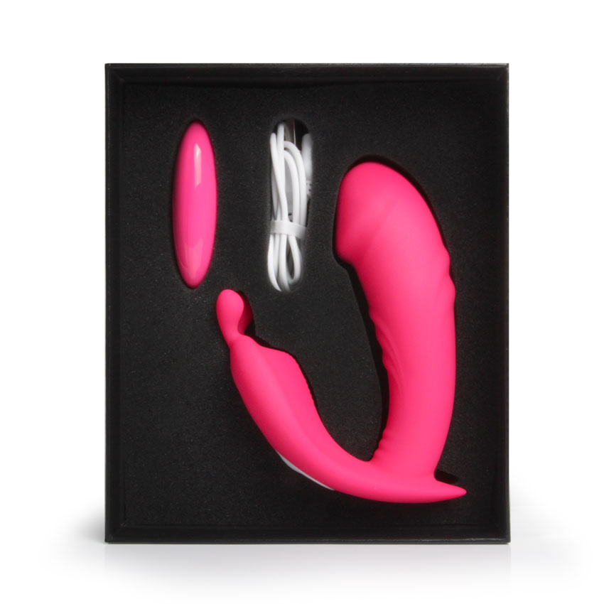 Вибратор VIBRATING PANTIES клиторально-вагинальный, 2 моторчика,  10 режимов вибрации, дистанционный пульт, силикон, ярко-розовый, L рабочей части 11 см, D 3,8 см 