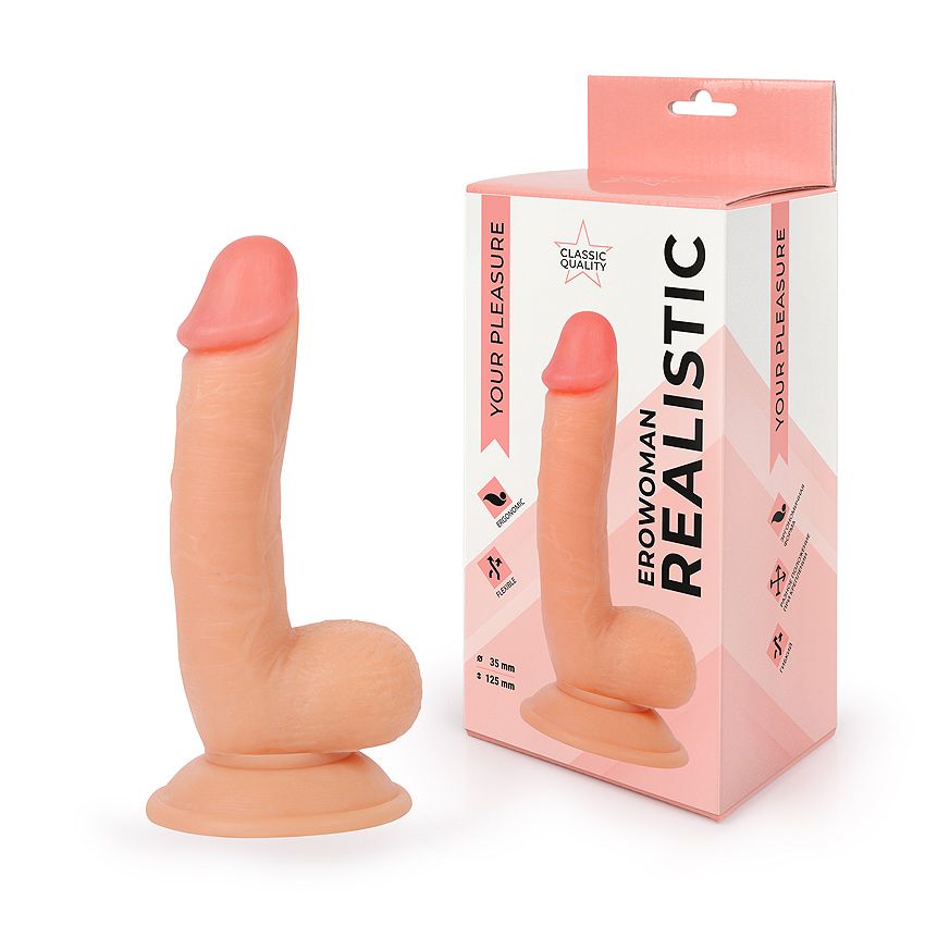Реалистичный фаллоимитатор EROWOMEN с мошонкой, ТПЕ, 15(12,5)х3,5 см  