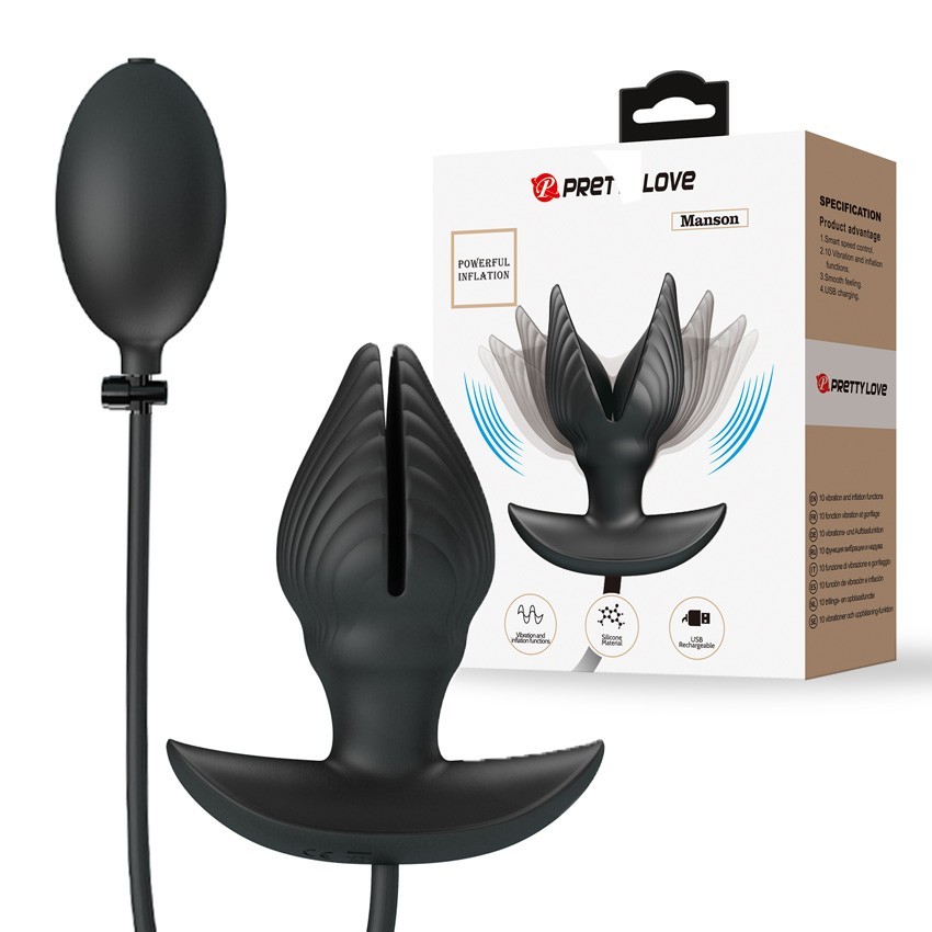 Анальная стимулятор-расширитель с грушей, 10 режимов вибрации, силикон, черный, 9,6х 4 см