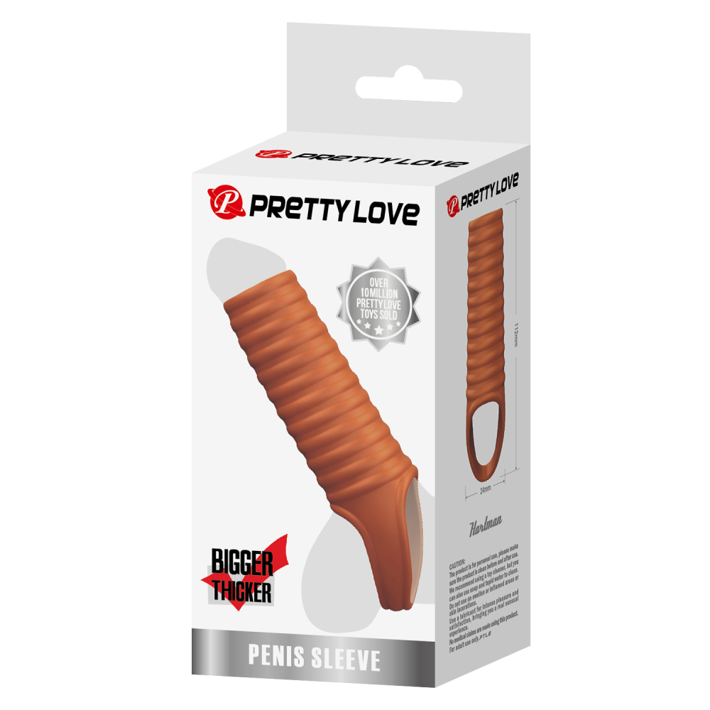 Открытая насадка на пенис BIGGER THICKER с кольцом на мошонку, ТПР, коричневая, 11,2(8)х 2,4 см