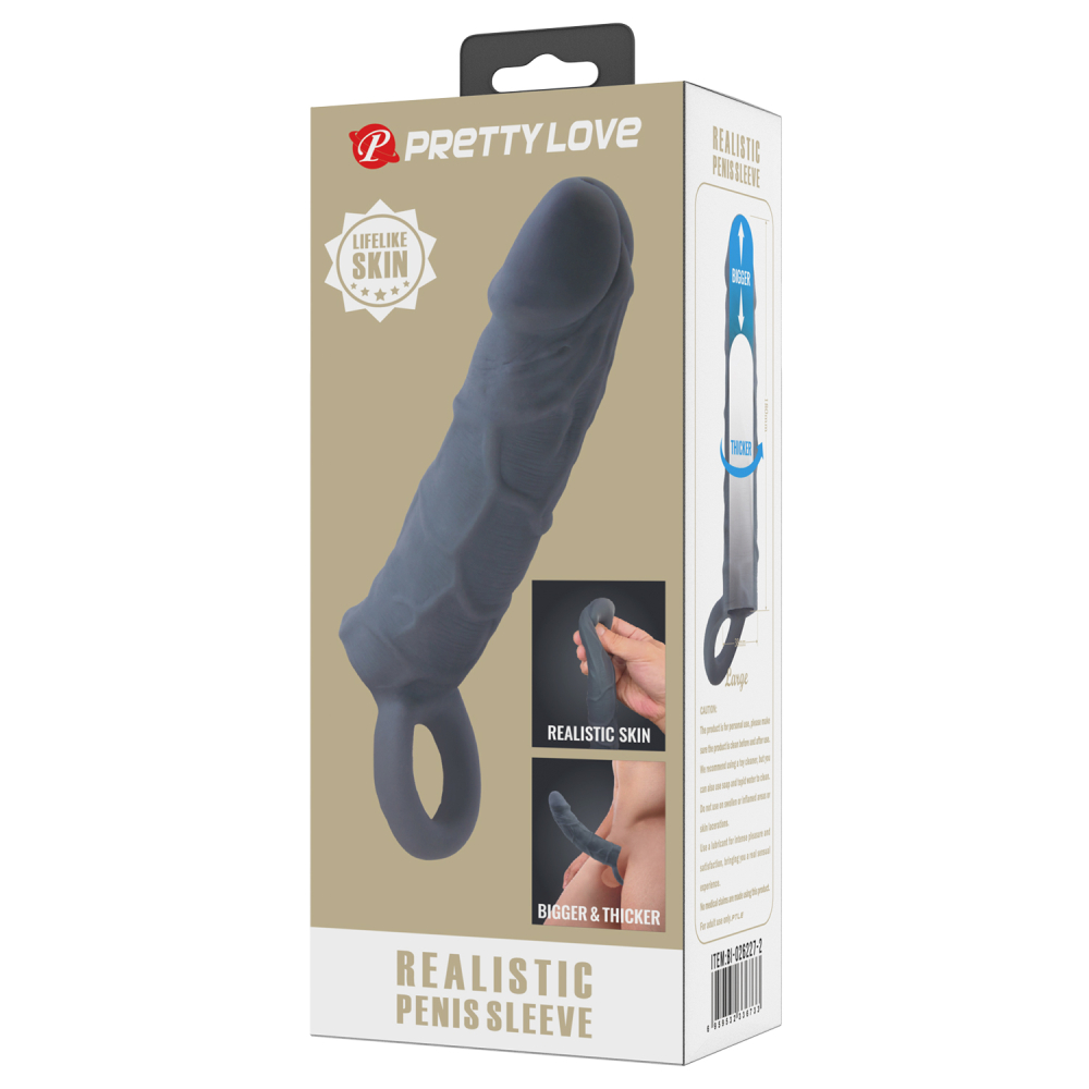 Удлиняющая и утолщающая насадка REALISTIC PENIS SLEEVE с подхватом мошонки, ТПЕ, серая, 18х3,8 см