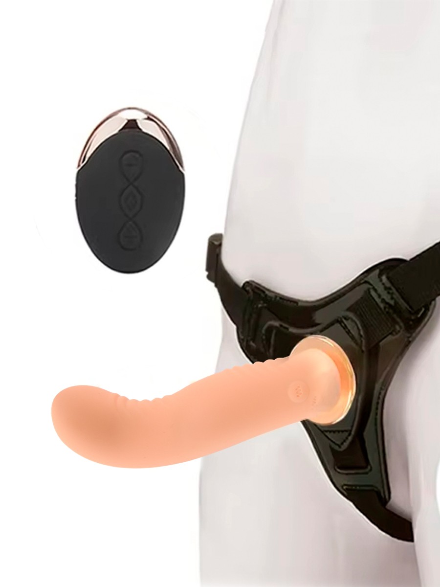 Перезаряжаемый  страпон с вибрацией, пульт ДУ, 10 режимов, силикон, телесный,14х3,6 см 