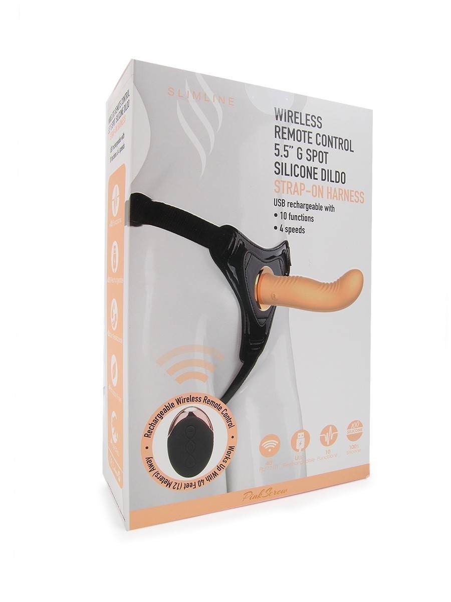 Перезаряжаемый  страпон с вибрацией, пульт ДУ, 10 режимов, силикон, телесный,14х3,6 см 