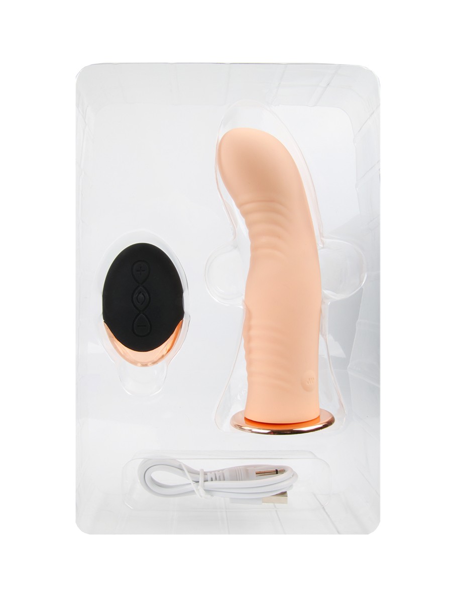 Перезаряжаемый  страпон с вибрацией, пульт ДУ, 10 режимов, силикон, телесный,14х3,6 см 