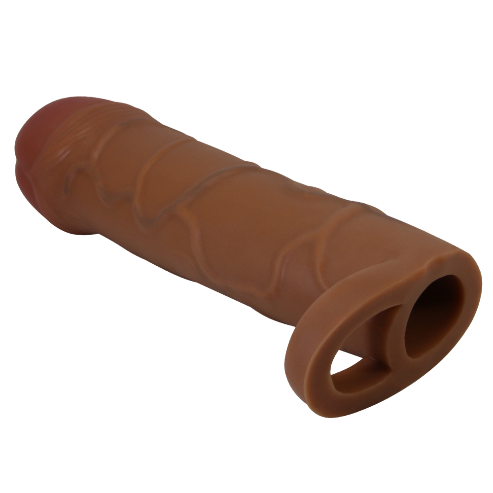 Реалистичная насадка BUNION удлиняющая (2,5 cм) и утолщающая, с подхватом, ТПР, шоколадный мулат, 16х3,8 см