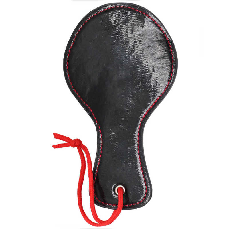 БДСМ набор: закрытая маска, хлопушка, искусственная кожа, черный с красной строчкой