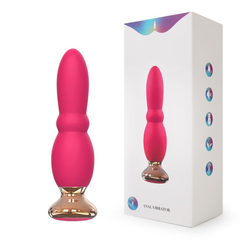 Красивая анальная втулка,  10 режимов вибрации, силикон, розовая/золотая, 14,8(12)х3,7 см 