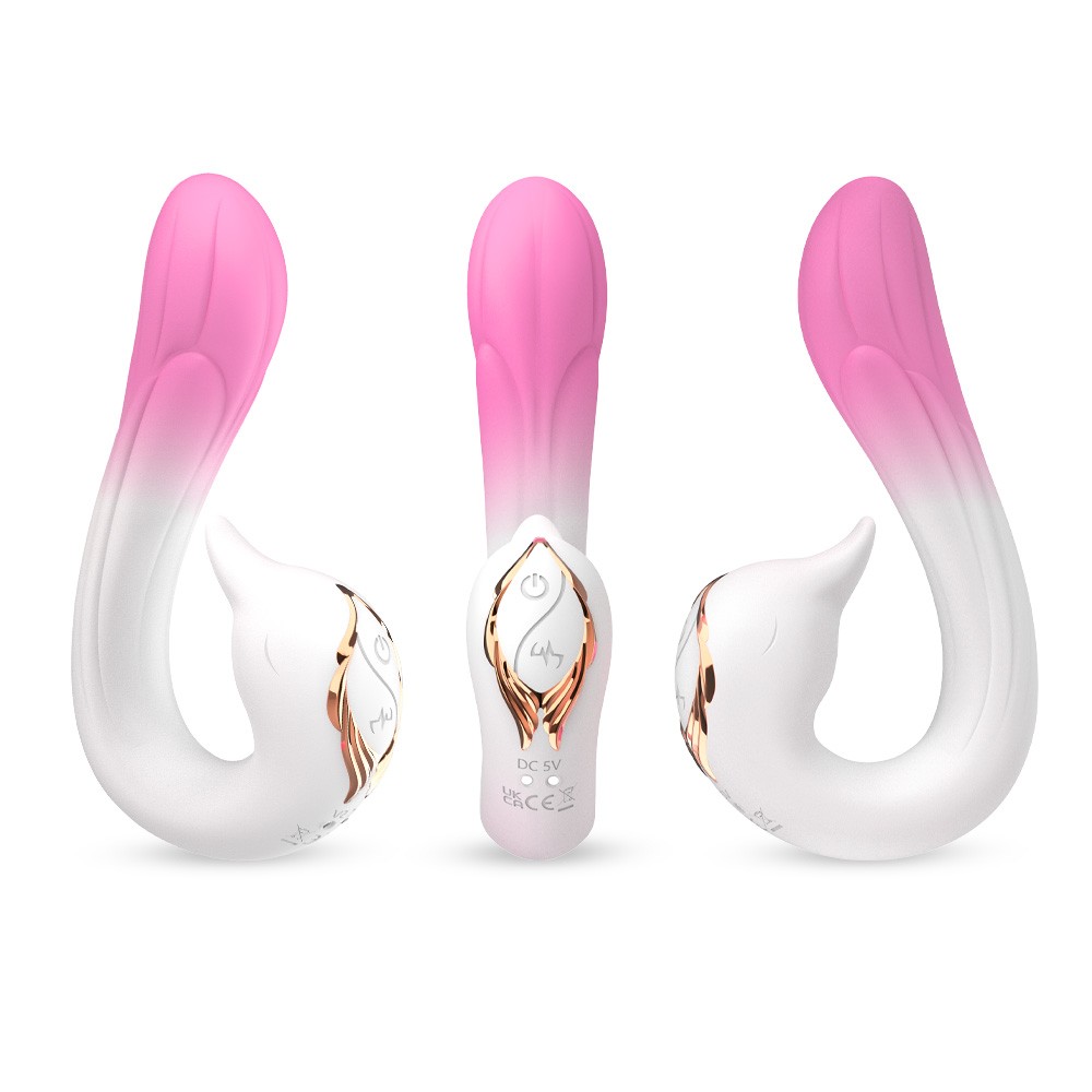 Двусторонний вибромассажер РАЙСКАЯ ПТИЦА, 9 режимов вибрации, 9 режимов движение клювика, медицинский силикон, бело-розовый, L рабочей части 18 см, D 3.3 см 
