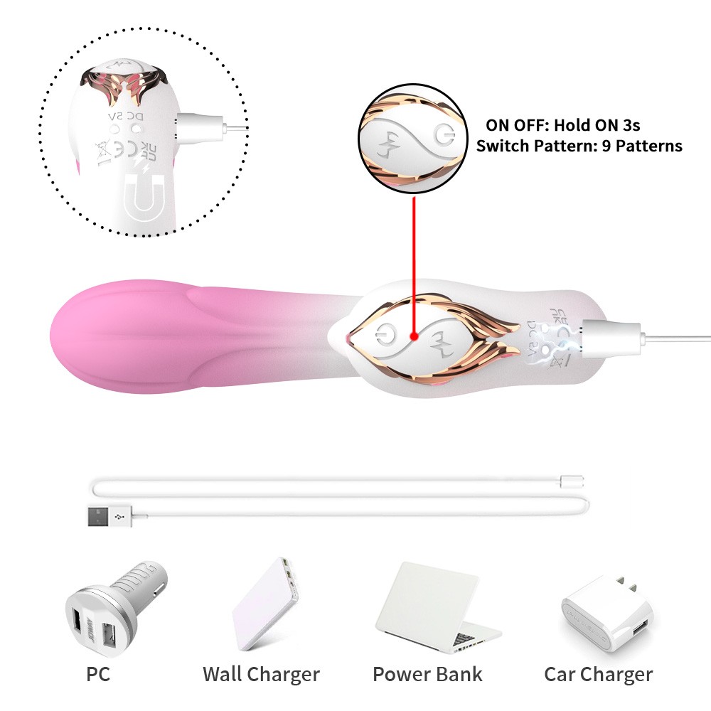 Двусторонний вибромассажер РАЙСКАЯ ПТИЦА, 9 режимов вибрации, 9 режимов движение клювика, медицинский силикон, бело-розовый, L рабочей части 18 см, D 3.3 см 