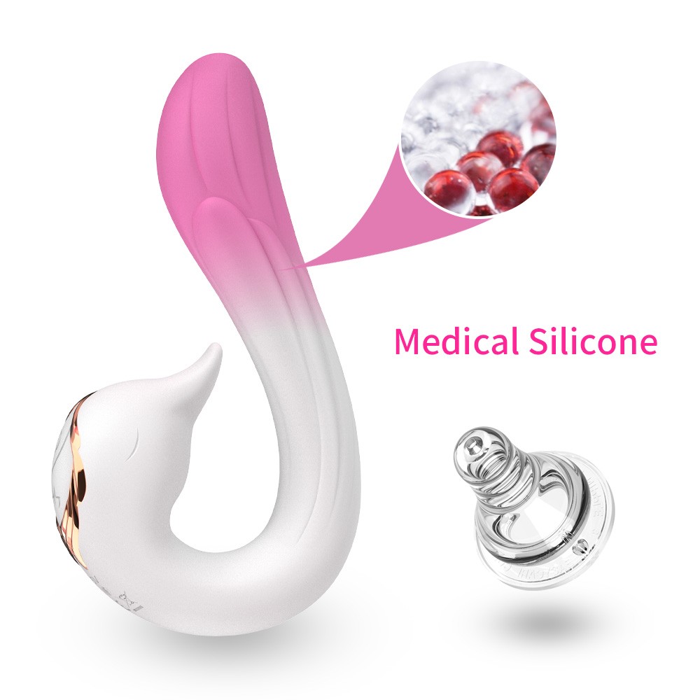 Двусторонний вибромассажер РАЙСКАЯ ПТИЦА, 9 режимов вибрации, 9 режимов движение клювика, медицинский силикон, бело-розовый, L рабочей части 18 см, D 3.3 см 