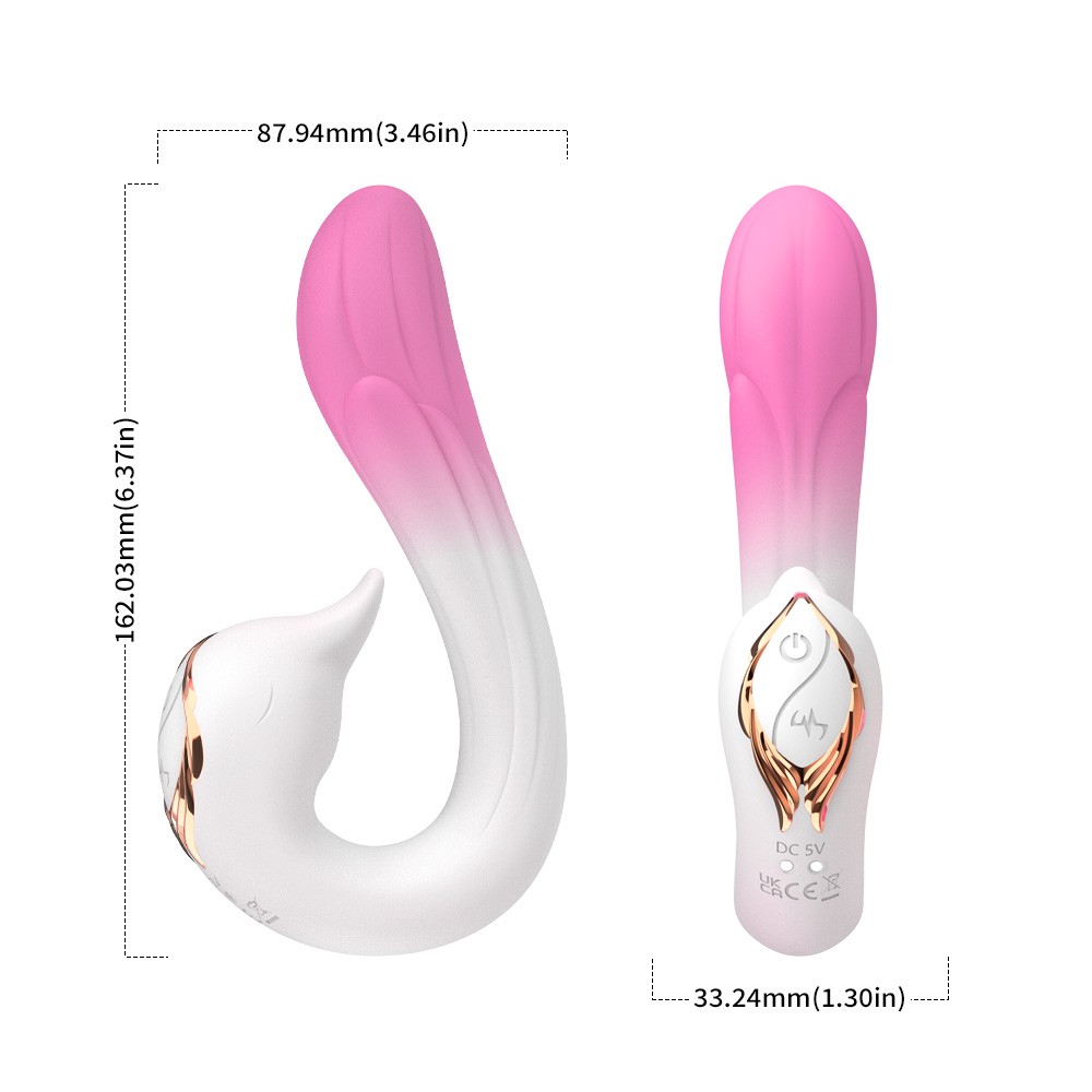 Двусторонний вибромассажер РАЙСКАЯ ПТИЦА, 9 режимов вибрации, 9 режимов движение клювика, медицинский силикон, бело-розовый, L рабочей части 18 см, D 3.3 см