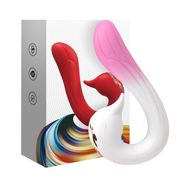 Двусторонний вибромассажер РАЙСКАЯ ПТИЦА, 9 режимов вибрации, 9 режимов движение клювика, медицинский силикон, бело-розовый, L рабочей части 18 см, D 3.3 см