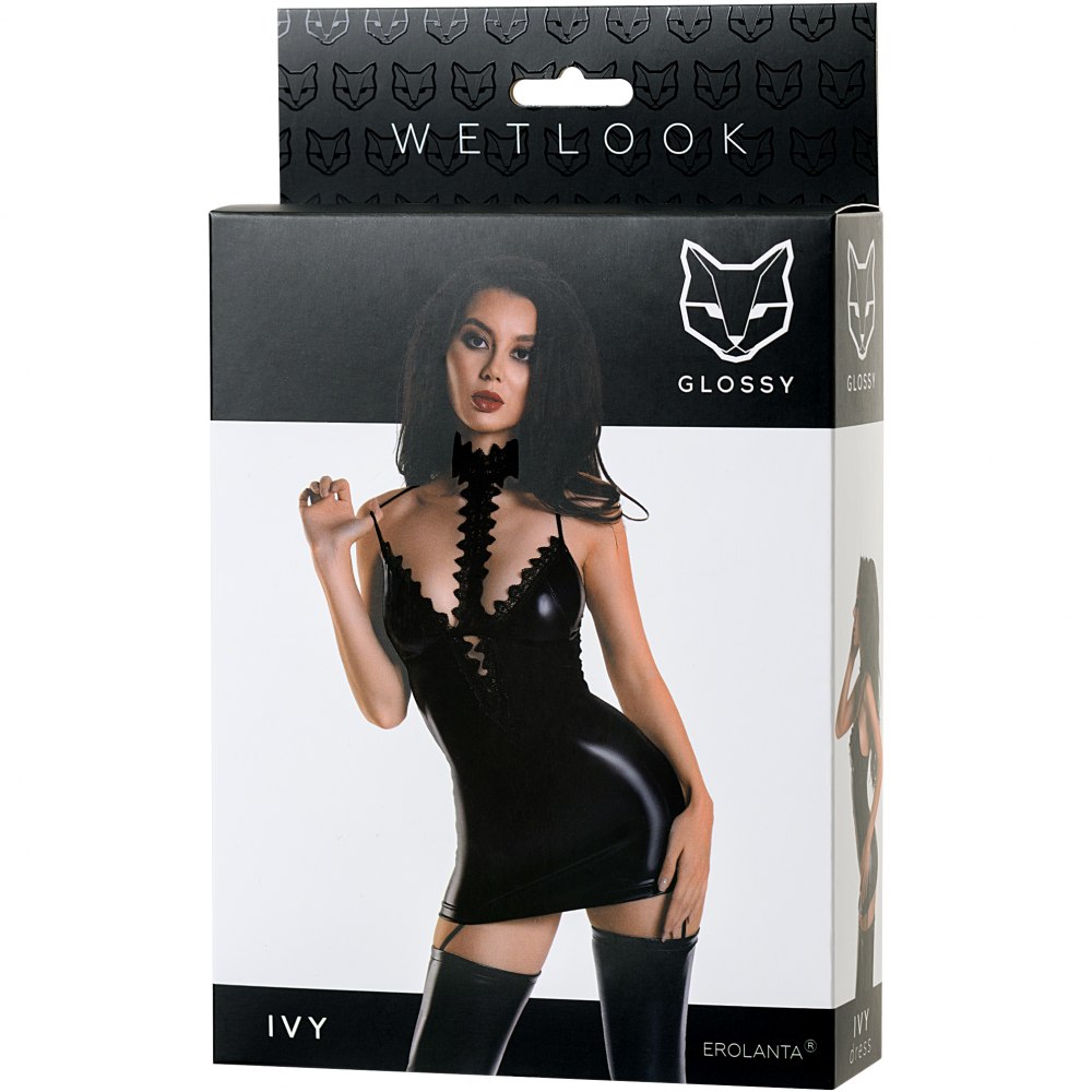 Эффектное платье IVY с кружевным чокером и пажами, wetlook, черное, разм. M