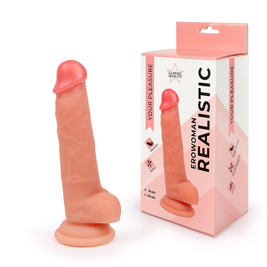 Фаллоимитатор REALISTIC, с мошонкой, присоска, силикон, телесный, 17,5(14)х3,4 см