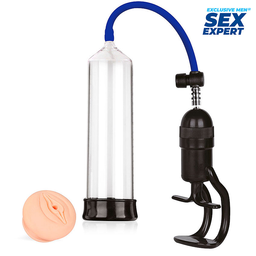 Прозрачная вакуумная помпа  BIOR TOYS SEX с ручным поршнем, насадкой-вагинй кибер-кожа, 20х5,5 см