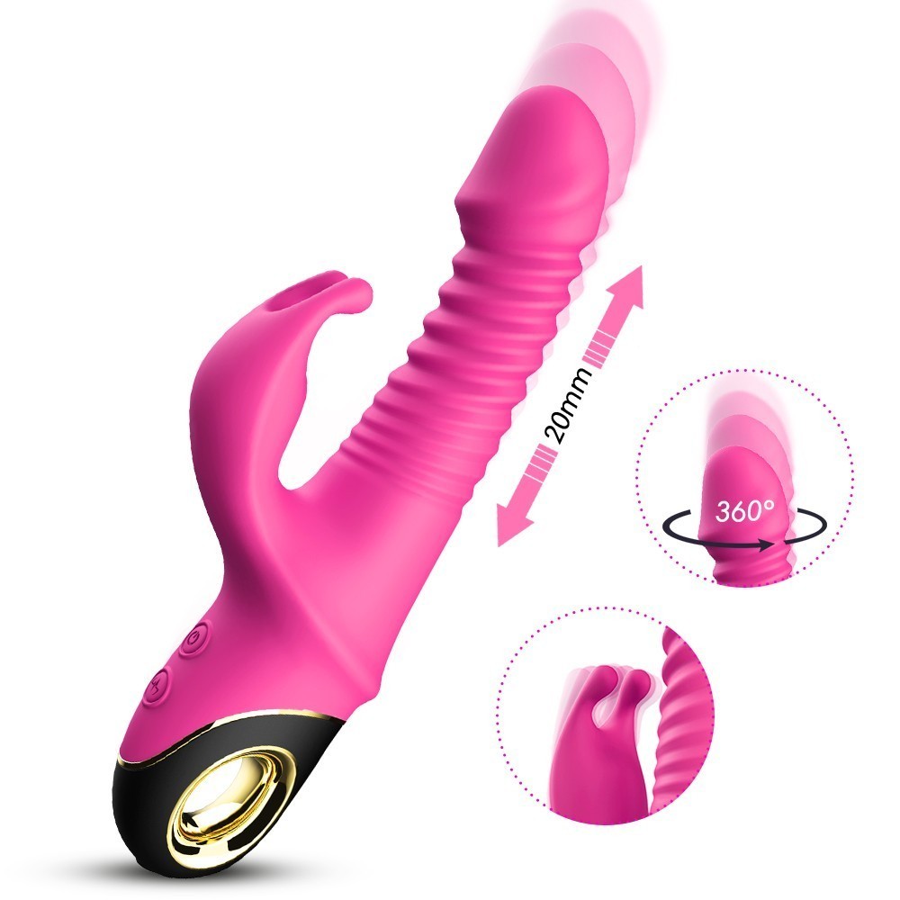 Гибкий вибратор RABBIT VIBRATOR, 9 режимов вибрации, фрикций, 5 режимов ротации, силикон, глубокий розовый, 24(13)х3,9 см