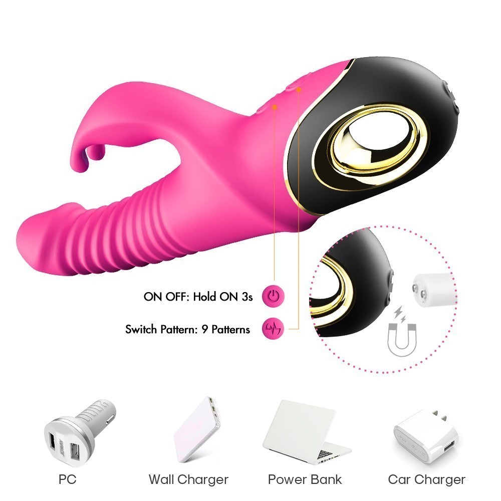 Гибкий вибратор RABBIT VIBRATOR, 9 режимов вибрации, фрикций, 5 режимов ротации, силикон, глубокий розовый, 24(13)х3,9 см