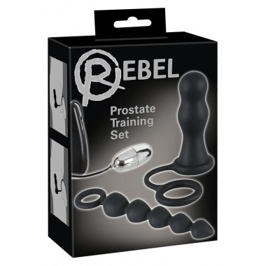 Набор игрушек для анальной стимуляции REBEL: стимулятор-елочка, пробка с эрекционным кольцом, вибропуля на проводном пульте, силикон+АВС-пластик, черный