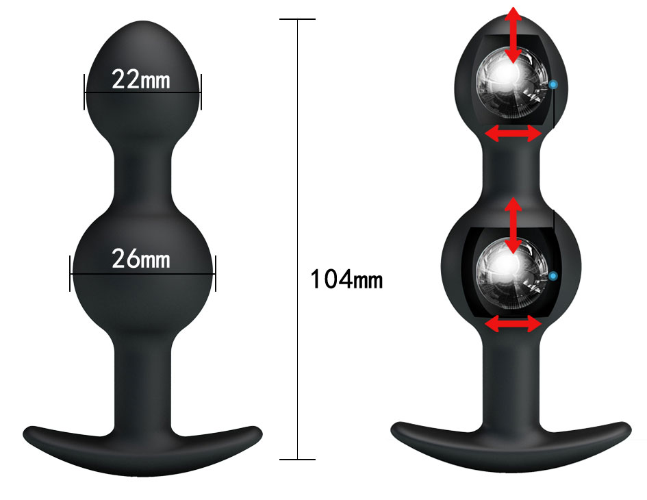  Анальная втулка  для ношения  с двумя шариками-эксцентриками внутри, силикон, черная, 10,4х2,6x3,2 см  