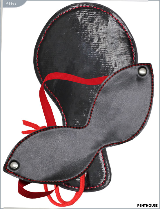 БДСМ набор: закрытая маска, хлопушка, искусственная кожа, черный с красной строчкой