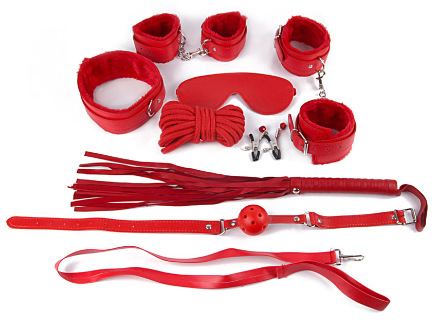 Комплект (8 позиций - наручники, оковы, маска, кляп, плеть, ошейник с поводком, верёвка, зажимы для сосков) цвет красный, PVC, текстиль