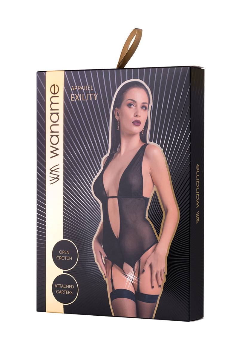Эротическое боди WANAME Apparel Exility с глубоким декольте и пажами для чулок, черное, разм. 42-44