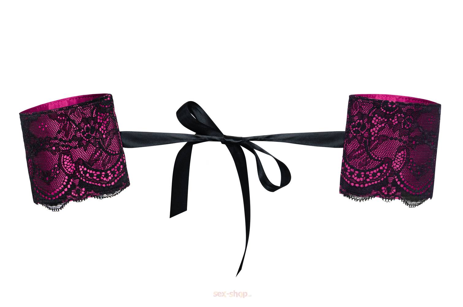 Роскошные манжеты-наручники ROSEBERRY Obsessive с кружевом, лентой, цвет - малиновый/черный, S/M