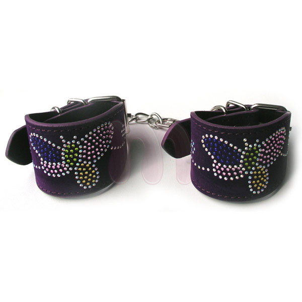 АКЦИЯ! Наручники-Бабочки с цветным жемчугом, плотный текстиль, фиолетовые