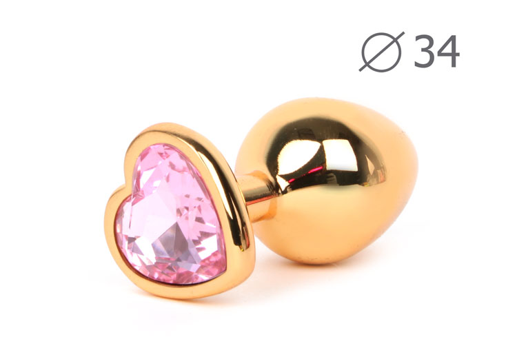АКЦИЯ 20%! Анальная средняя  втулка-Сердечко золотое, цвет кристалла розовый, 8х3,4 см 