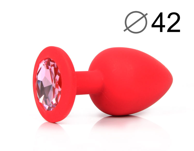 Анальная крупная пробка красная, с розовым  кристаллом, силикон, 9,5х4 см
