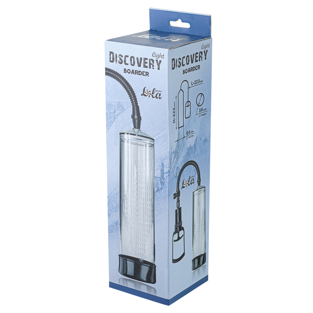 Вакуумная помпа DISCOVERY LIGHT BOARDER CLEAR прозрачная, в комплекте-  эрекционное кольцо,  22,5х6,4 см 
